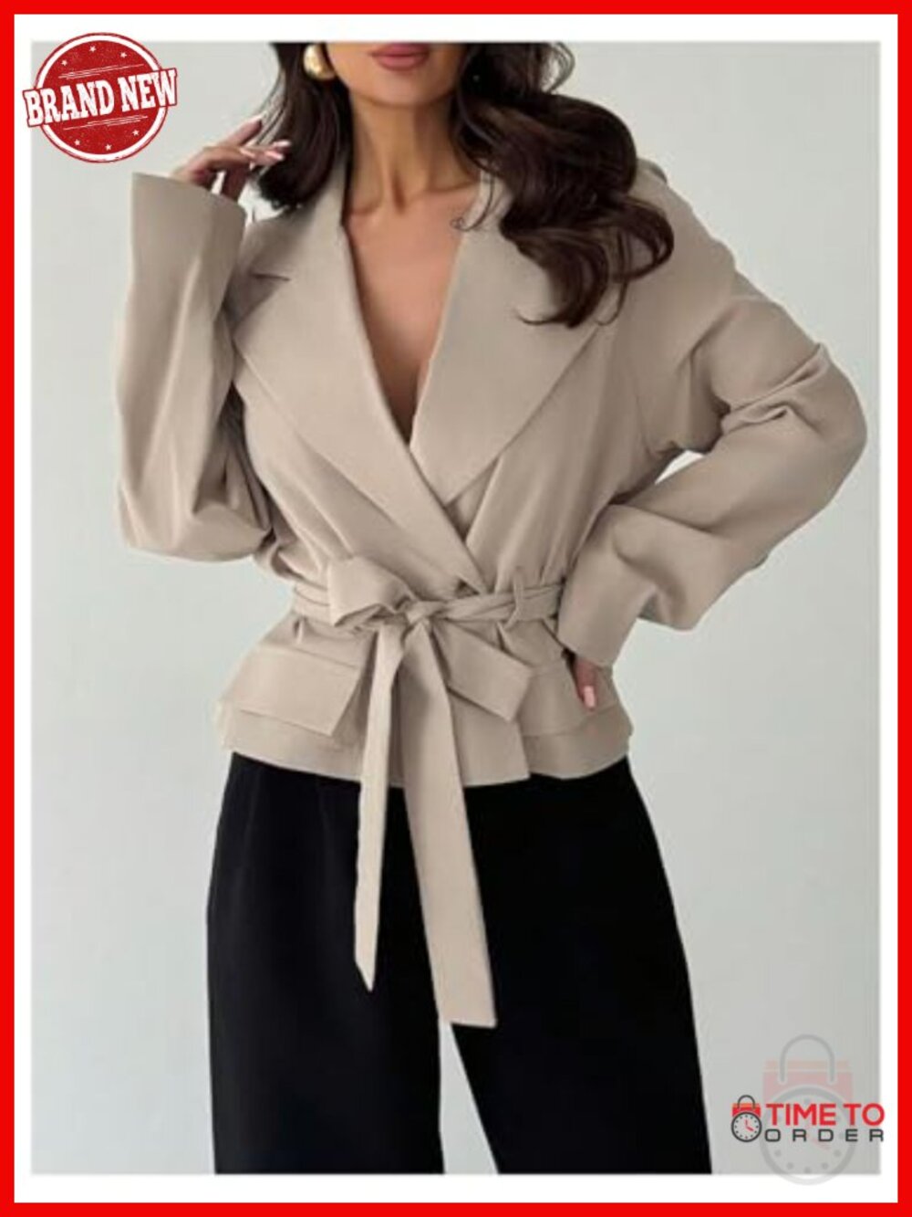 Women's Tie Belt Double Breasted Trench Coat Long Raglan Sleeve Lapel Collar - Picture 3 of 4